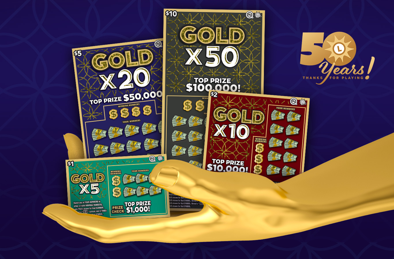 Enter non-winning Gold Multiplier Scratch-Offs for your chance to win one of five $50,000 prizes!