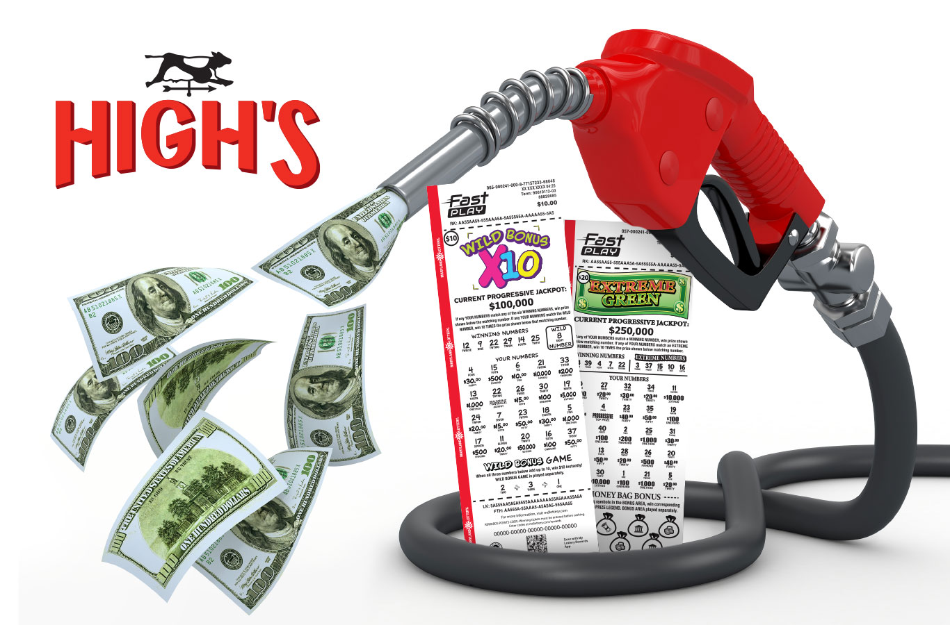 Pump up the savings! You could win up to $1,000 in free gas at High's with the purchase of any $10, $20, or $30 FAST PLAY ticket from July 31st – September 4th.