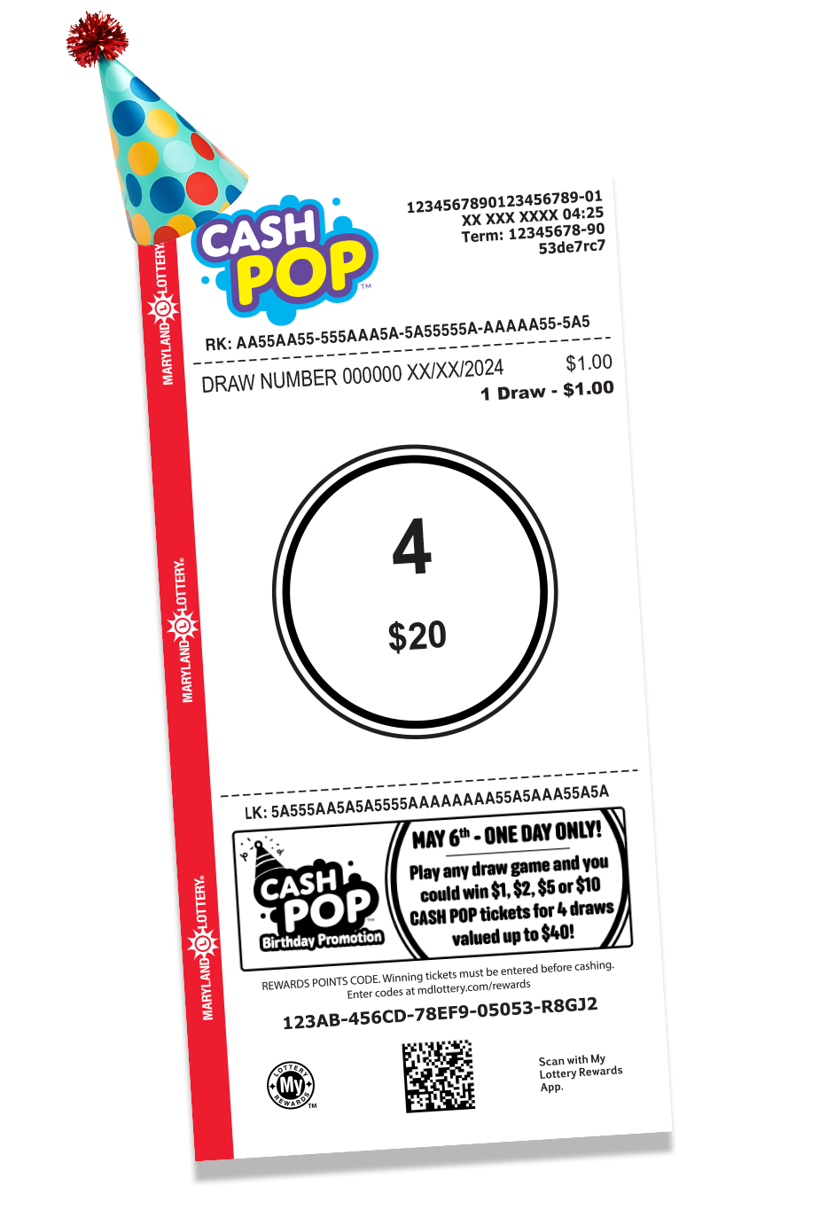 cash pop ticket with party hat