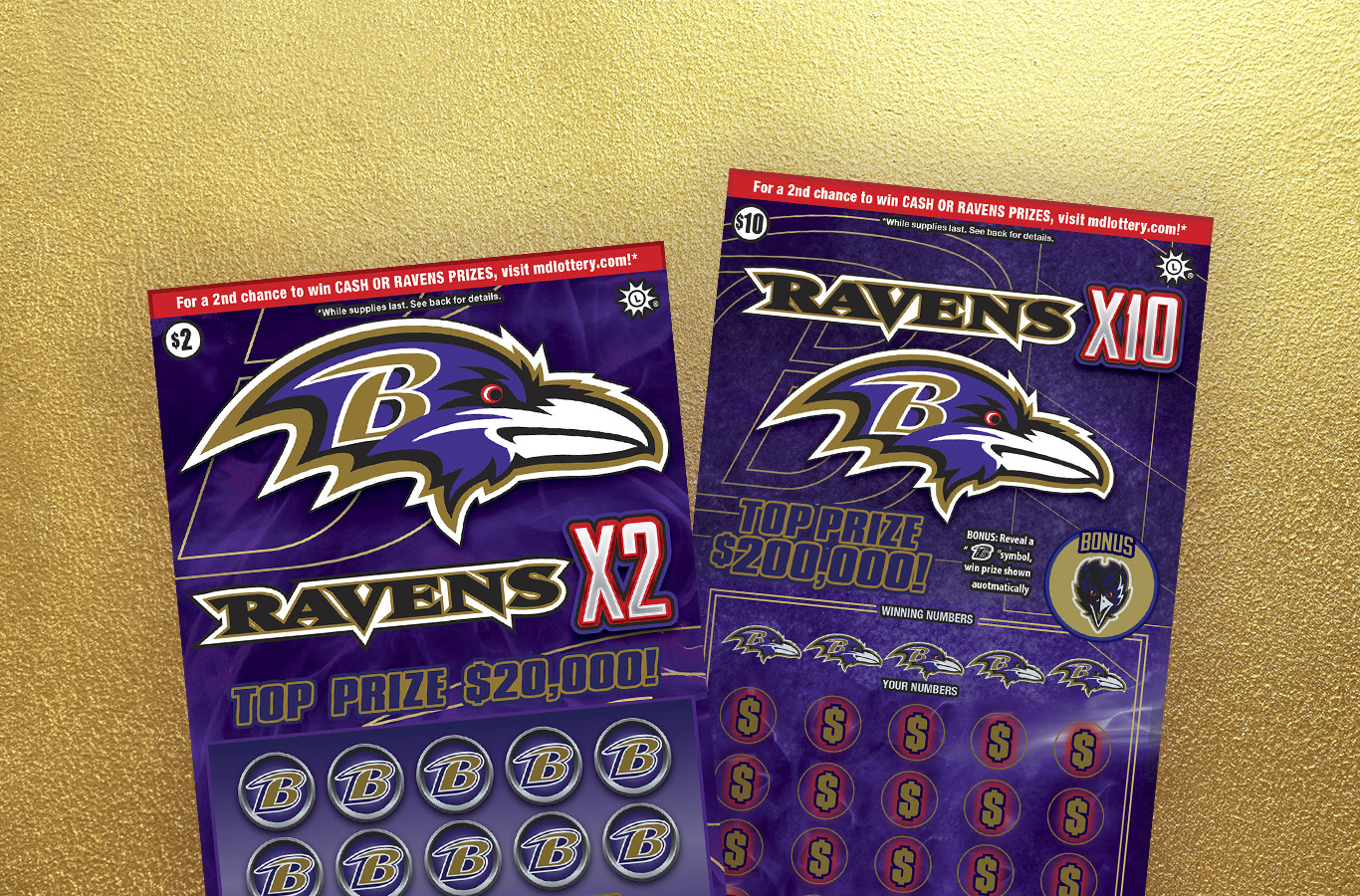 Play Ravens Scratch-Offs from the Maryland Lottery! You’ll have a chance to win up to $200,000 instantly—or enter the second-chance contest for more great prizes!