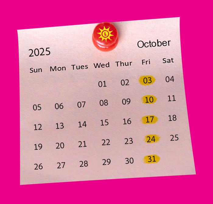 a calendar for the month of october with all fridays highlighted