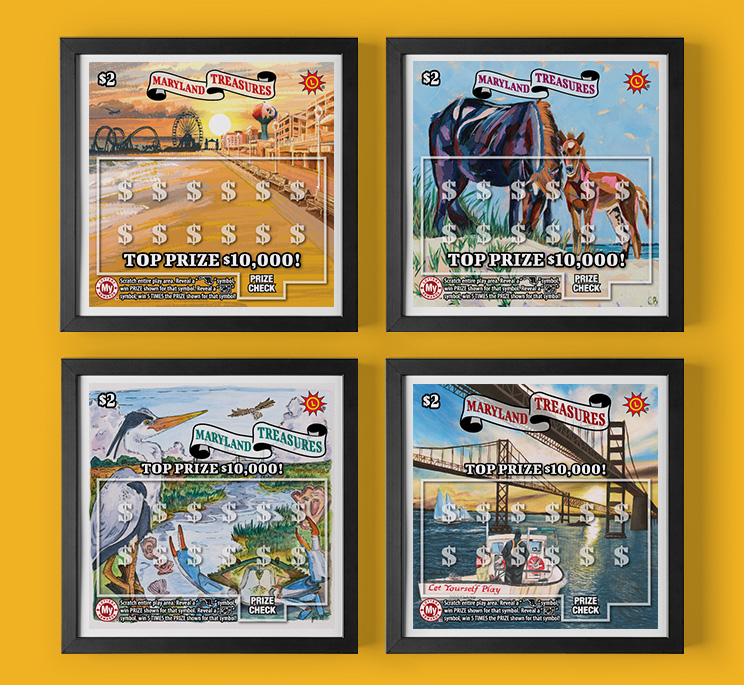 the four art variations of the maryland treasures scratch off ticket