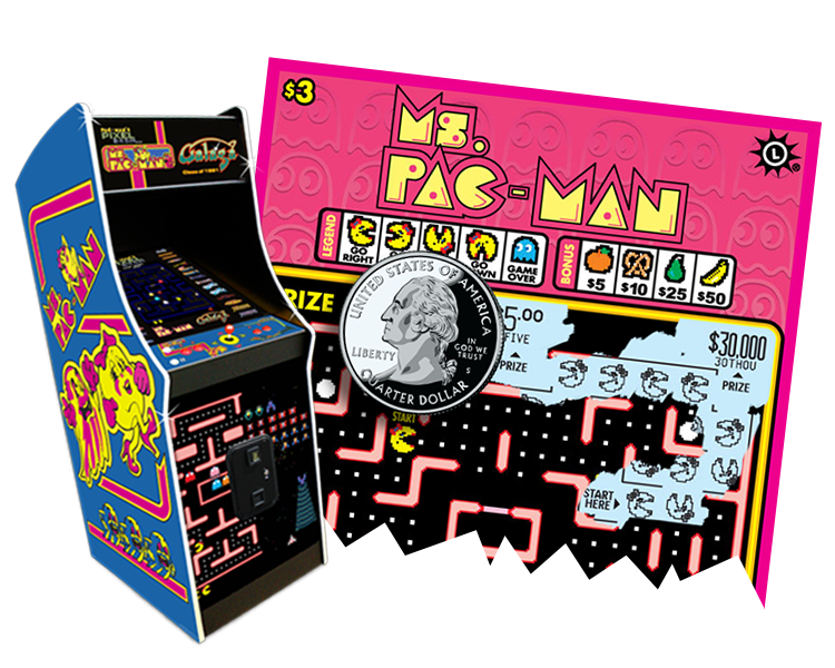 ms. pac man arcade machine and scratch off ticket together