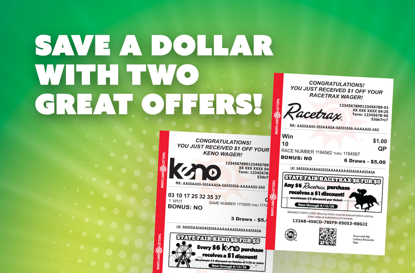 Every $6 Keno or $6 Racetrax purchase receives a $1 discount, now through 9/13.